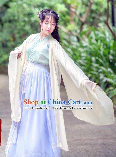 Traditional Chinese Ancient Palace Lady Costume, Asian China Tang Dynasty Princess Embroidered Wide Sleeve White Cardigan for Women