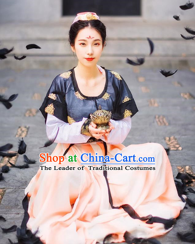Traditional Chinese Ancient Palace Lady Costume, Asian China Tang Dynasty Princess Embroidered Black Half-Sleeves Slip Skirt for Women