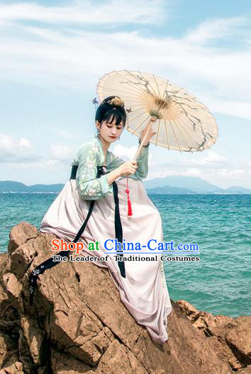 Traditional Chinese Ancient Palace Lady Costume, Asian China Tang Dynasty Princess Embroidered Green Blouse and Pink Slip Skirt for Women