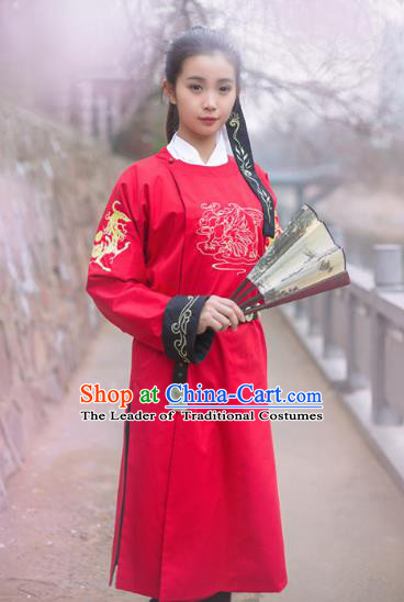 Traditional Chinese Ancient Imperial Bodyguard Costume, Asian China Ming Dynasty Swordswoman Red Clothing for Women