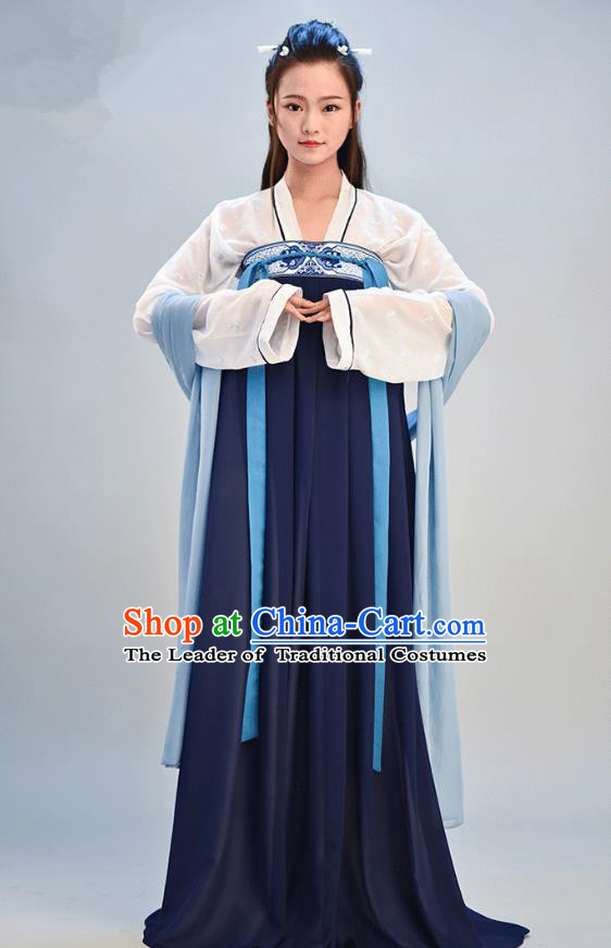 Traditional Chinese Ancient Young Lady Costume, Asian China Tang Dynasty Imperial Consort Embroidered Navy Slip Skirt Clothing for Women