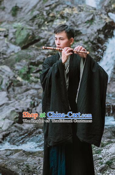 Traditional Chinese Ancient Costume Black Cloak, Asian China Ming Dynasty Swordsman Wide Sleeve Clothing for Men