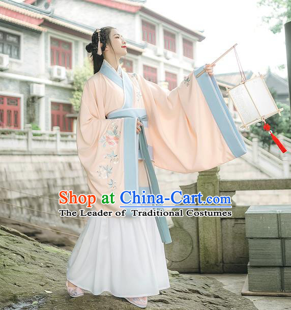 Traditional Chinese Ancient Hanfu Princess Costume Pink Curve Bottom, Asian China Han Dynasty Palace Lady Embroidered Clothing for Women