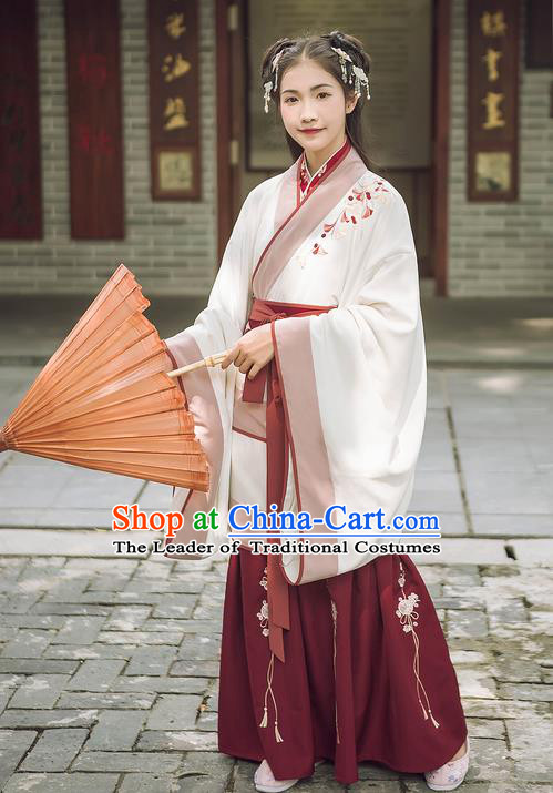 Traditional Chinese Ancient Hanfu Princess Costume White Curve Bottom, Asian China Han Dynasty Palace Lady Embroidered Ginkgo Dress for Women