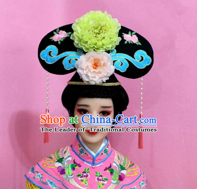 Traditional Handmade Chinese Hair Accessories Qing Dynasty Palace Lady Green Peony Headwear, Manchu Imperial Concubine Hairpins for Women