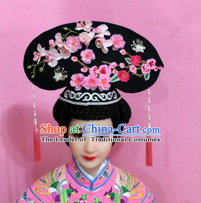Traditional Handmade Chinese Hair Accessories Qing Dynasty Palace Lady Pink Plum Blossom Headwear, Manchu Imperial Concubine Hairpins for Women