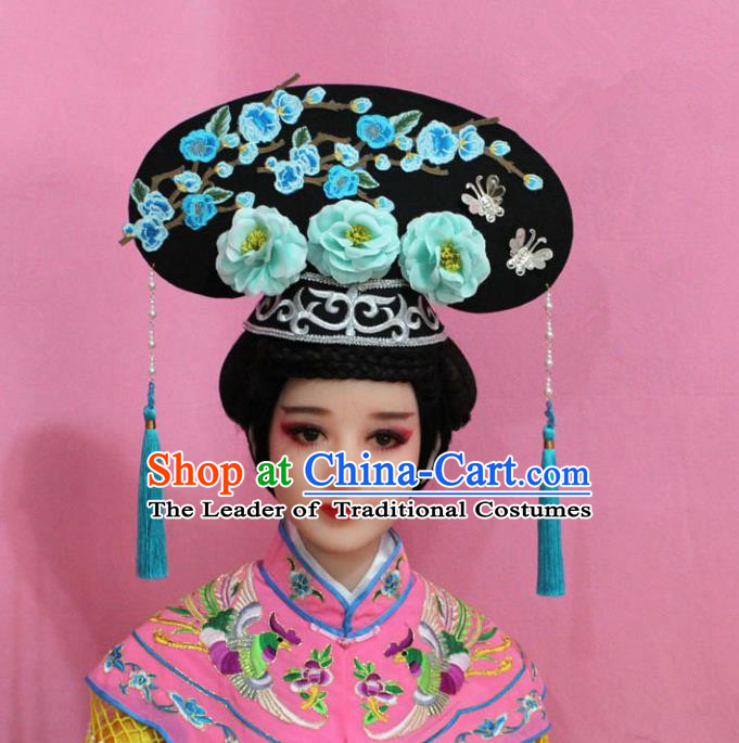 Traditional Handmade Chinese Hair Accessories Qing Dynasty Palace Lady Light Blue Plum Blossom Headwear, Manchu Imperial Concubine Hairpins for Women