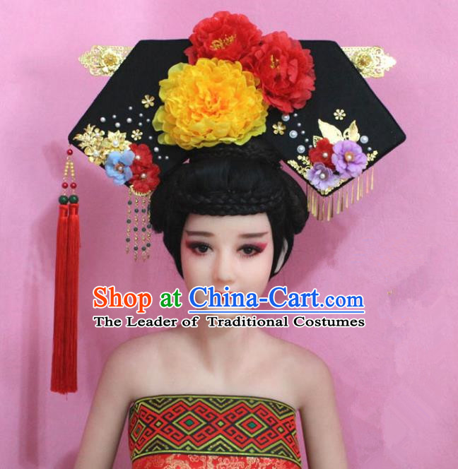 Traditional Handmade Chinese Hair Accessories Qing Dynasty Empress Banners Yellow Peony Headwear, Manchu Imperial Concubine Hairpins for Women