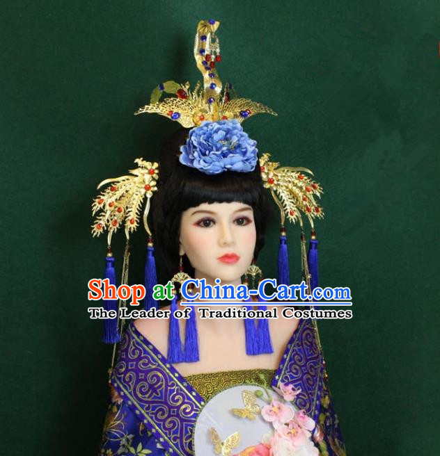 Traditional Handmade Chinese Hair Accessories Empress Blue Tassel Phoenix Coronet, Tang Dynasty Princess Hairpins Headwear for Women