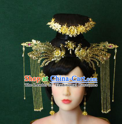 Traditional Handmade Chinese Hair Accessories Empress Wedding Tassel Phoenix Coronet Complete Set, Han Dynasty Princess Step Shake Hairpins for Women