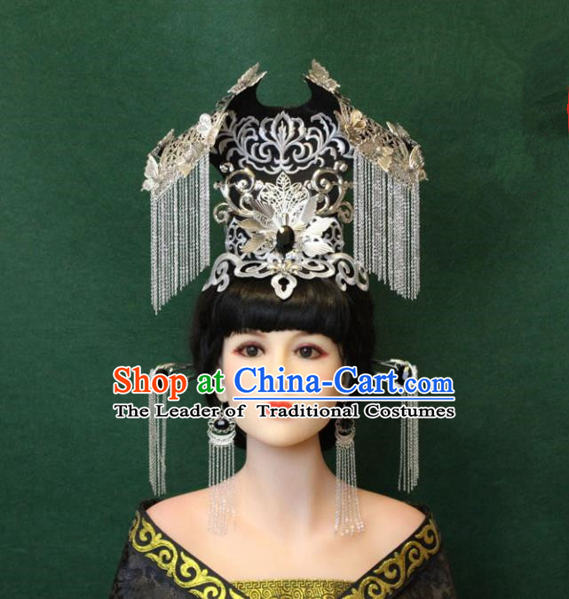 Traditional Handmade Chinese Hair Accessories Empress Tassel Phoenix Coronet Complete Set, Han Dynasty Princess Step Shake Hairpins for Women