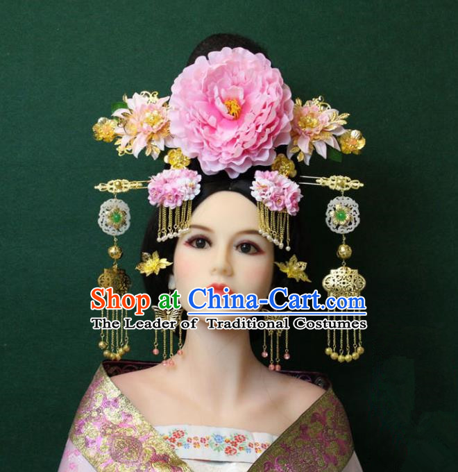 Traditional Handmade Chinese Hair Accessories Palace Lady Phoenix Coronet Peony Hairpins Complete Set, China Tang Dynasty Princess Headwear for Women