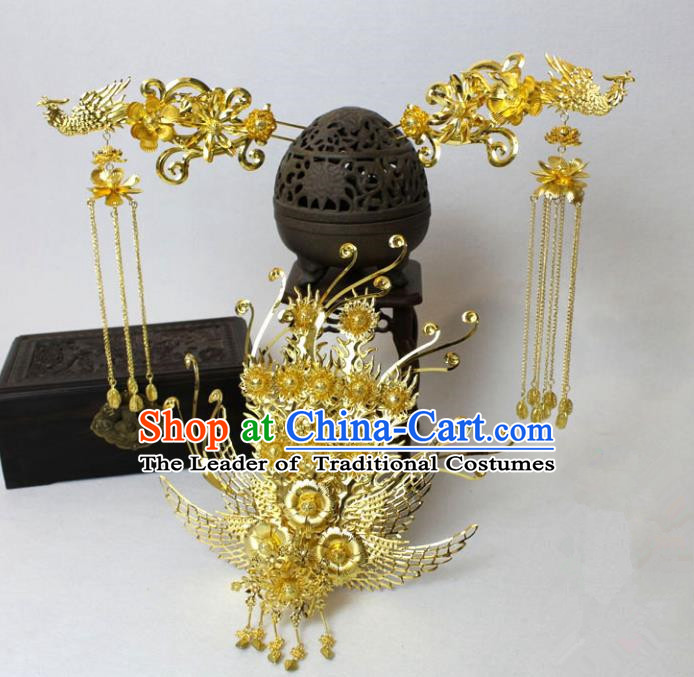 Traditional Handmade Chinese Ancient Classical Hair Accessories Bride Wedding Barrettes Empress Phoenix Coronet Hairpins