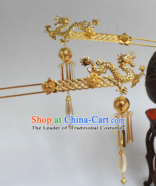 Traditional Handmade Chinese Hair Accessories Empress Dragon Hairpins Tang Dynasty Palace Lady Tassel Step Shake for Women