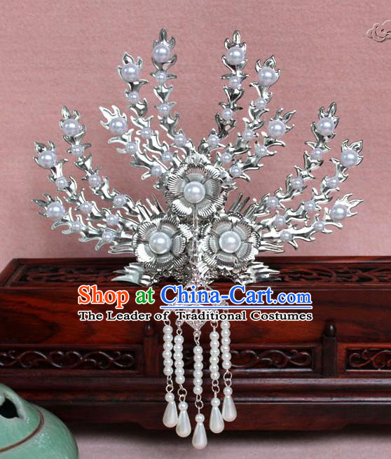 Traditional Handmade Chinese Hair Accessories Princess White Crystal Phoenix Hairpins, Tang Dynasty Palace Lady Tassel Frontlet Step Shake for Women