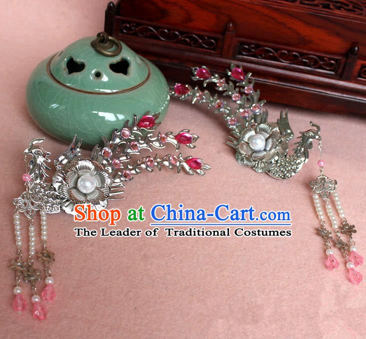 Traditional Handmade Chinese Hair Accessories Princess Pink Phoenix Hairpins, Tang Dynasty Palace Lady Tassel Step Shake for Women