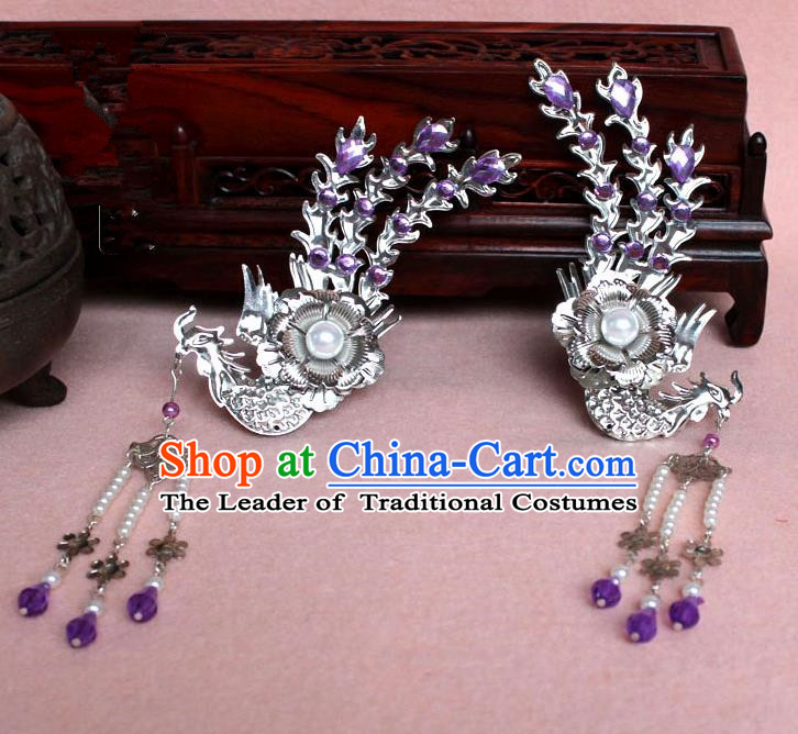 Traditional Handmade Chinese Hair Accessories Princess Purple Phoenix Hairpins, Tang Dynasty Palace Lady Tassel Step Shake for Women