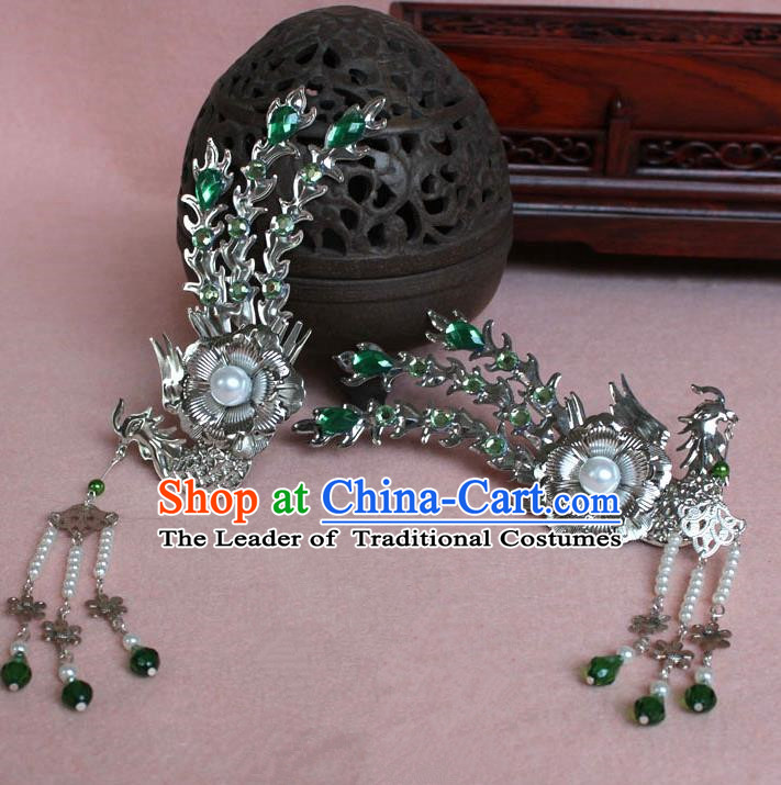 Traditional Handmade Chinese Hair Accessories Princess Green Phoenix Hairpins, Tang Dynasty Palace Lady Tassel Step Shake for Women