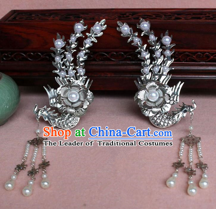 Traditional Handmade Chinese Hair Accessories Princess White Phoenix Hairpins, Tang Dynasty Palace Lady Tassel Step Shake for Women
