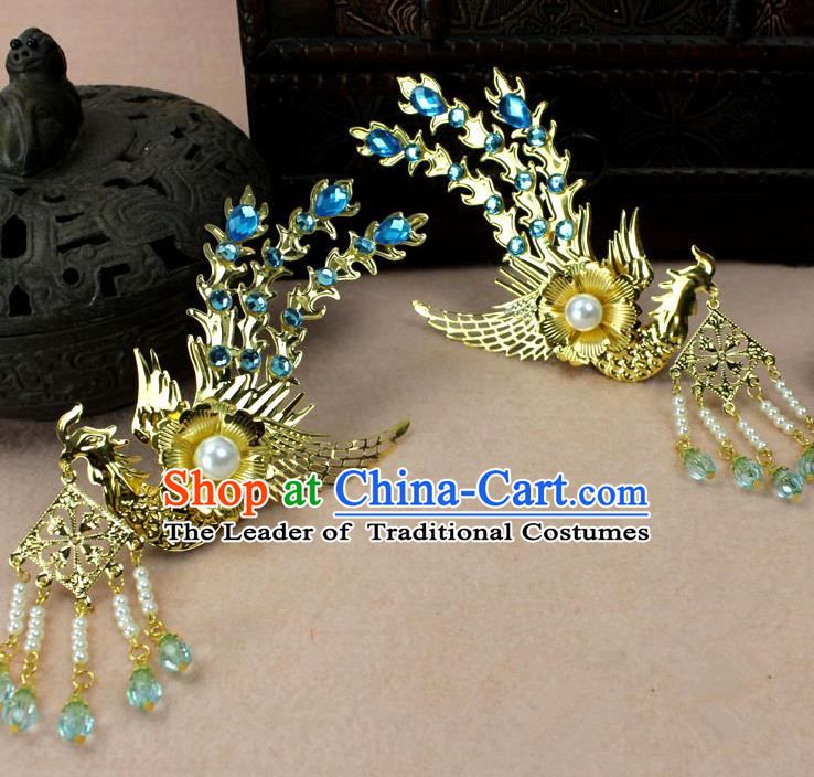 Traditional Handmade Chinese Hair Accessories Princess Golden Phoenix Hairpins, Ming Dynasty Palace Lady Blue Tassel Step Shake Frontlet for Women