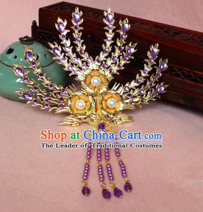 Traditional Handmade Chinese Hair Accessories Princess Golden Phoenix Frontlet Hairpins, Ming Dynasty Palace Lady Purple Tassel Step Shake for Women