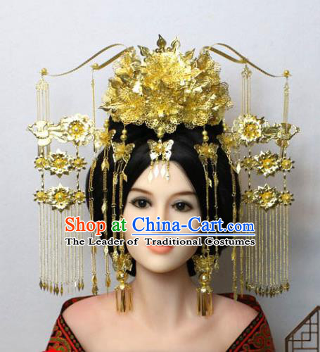 Traditional Handmade Chinese Hair Accessories Tang Dynasty Empress Golden Phoenix Coronet Complete Set, China Palace Lady Hairpins Tassel Step Shake for Women