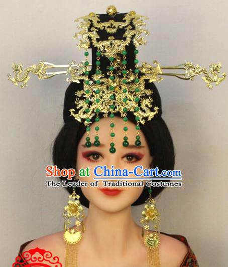 Traditional Handmade Chinese Hair Accessories Tang Dynasty Empress Phoenix Coronet, China Palace Lady Hairpins Green Beads Tassel Headwear for Women