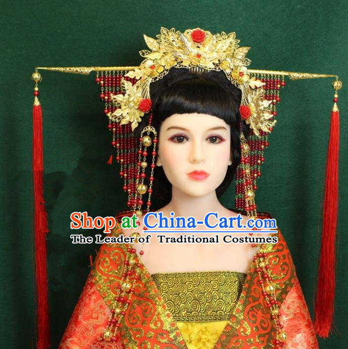 Traditional Handmade Chinese Hair Accessories Wedding Phoenix Coronet, Tang Dynasty Princess Hairpins Wedding Headwear for Women