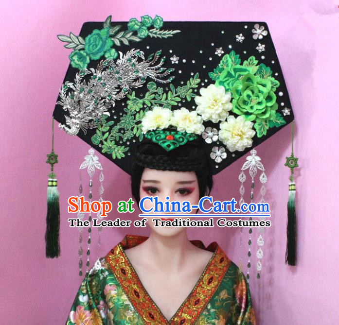 Traditional Handmade Chinese Hair Accessories Qing Dynasty Empress Banners Tassel Phoenix Green Headwear, Manchu Imperial Concubine Hairpins for Women