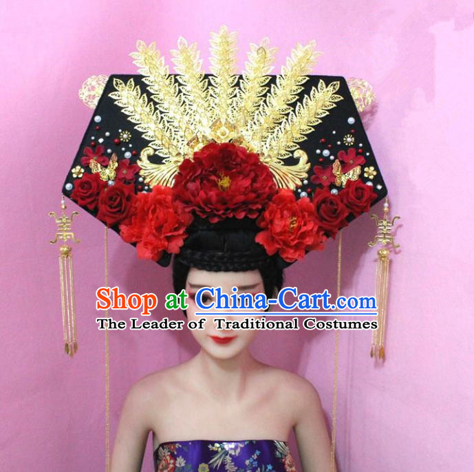 Traditional Handmade Chinese Hair Accessories Qing Dynasty Empress Great Wing Banners Red Peony Headwear, Manchu Imperial Concubine Hairpins for Women