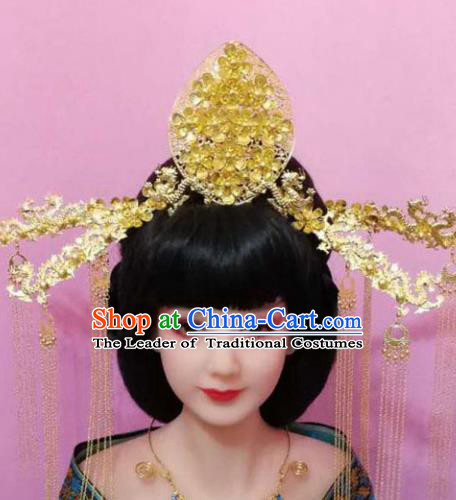 Traditional Handmade Chinese Hair Accessories Empress Golden Phoenix Coronet, China Tang Dynasty Hairpins Tassel Step Shake Complete Set for Women