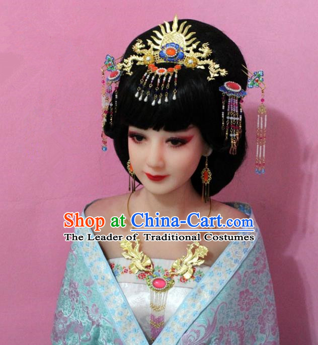 Traditional Handmade Chinese Hair Accessories Empress Cloisonne Phoenix Step Shake, China Tang Dynasty Hairpins Complete Set for Women