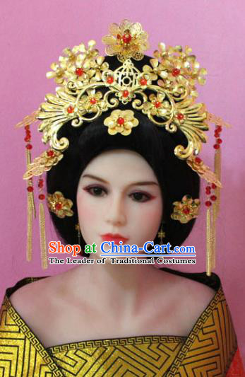 Traditional Handmade Chinese Hair Accessories Empress Golden Phoenix Coronet, China Tang Dynasty Queen Hairpins Complete Set for Women