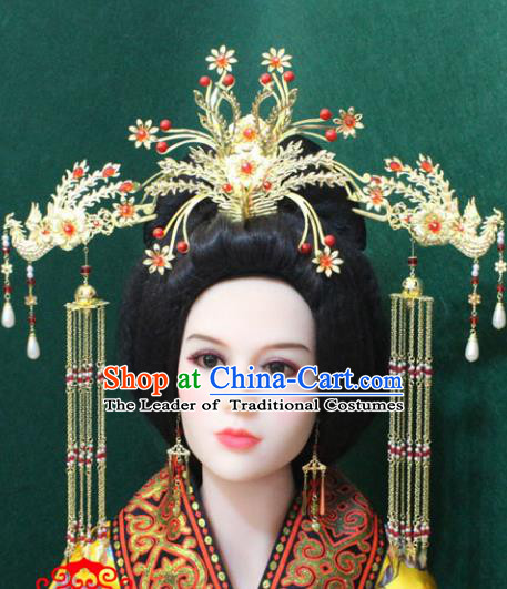Traditional Handmade Chinese Hair Accessories Phoenix Coronet Complete Set, China Han Dynasty Phoenix Tassel Hairpins for Women