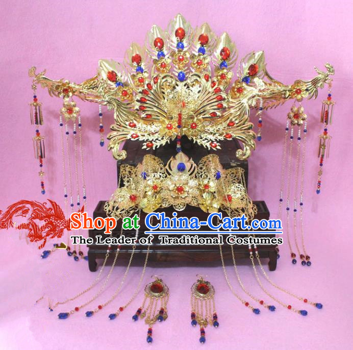 Traditional Handmade Chinese Ancient Classical Hair Accessories Bride Wedding Barrettes Empress Phoenix Coronet Hairpins