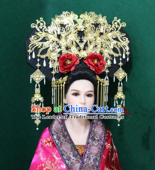 Traditional Handmade Chinese Hair Accessories Manchu Empress Phoenix Coronet, China Qing Dynasty Peony Tassel Hairpins for Women