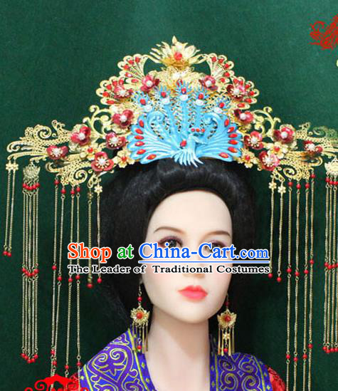 Traditional Handmade Chinese Hair Accessories Tang Dynasty Empress Phoenix Coronet, China Ancient Tassel Hairpins Complete Set for Women