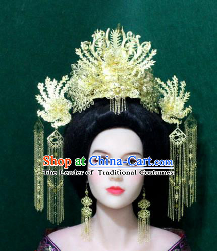 Traditional Handmade Chinese Hair Accessories Tang Dynasty Empress Phoenix Coronet Ancient Tassel Hairpins Headwear for Women