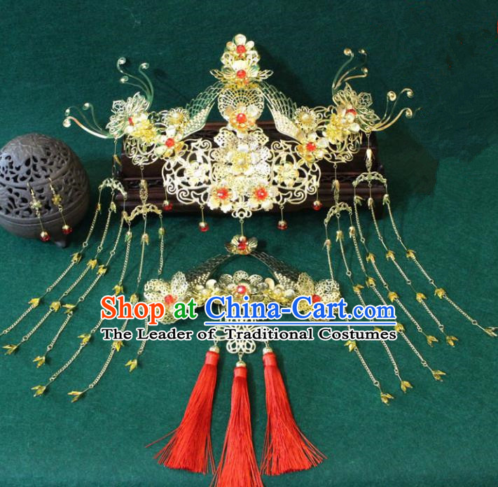 Traditional Handmade Chinese Ancient Classical Hair Accessories Bride Wedding Barrettes Empress Phoenix Coronet Hairpins