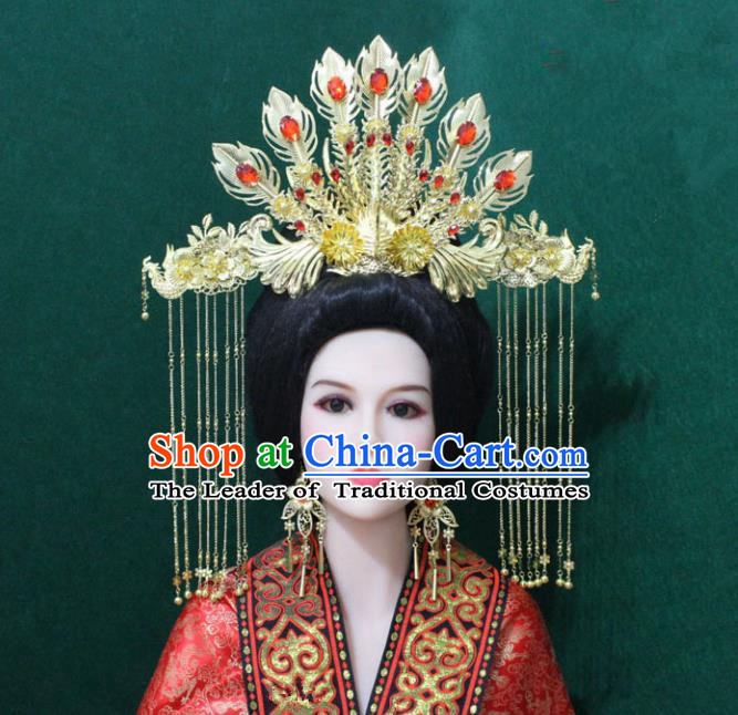 Traditional Handmade Chinese Hair Accessories Tang Dynasty Empress Tassel Phoenix Coronet Royal Queen Hairpins Headwear Complete Set for Women