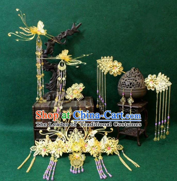 Traditional Handmade Chinese Ancient Classical Hair Accessories Bride Wedding Barrettes Empress Phoenix Coronet Hairpins