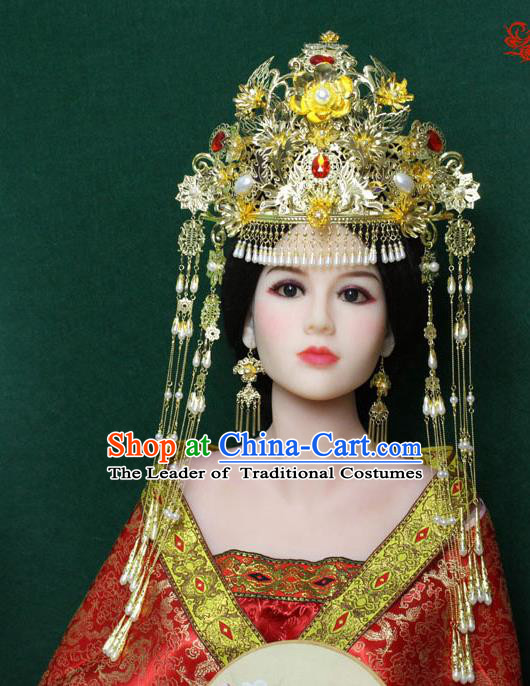 Traditional Handmade Chinese Hair Accessories Empress Wedding Phoenix Coronet, Han Dynasty Princess Tassel Hairpins Headwear for Women