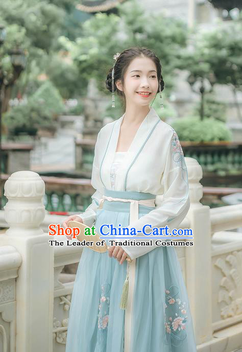 Traditional Chinese Ancient Hanfu Young Lady Costume, Asian China Tang Dynasty Princess Embroidery Blouse and Slip Skirts Complete Set