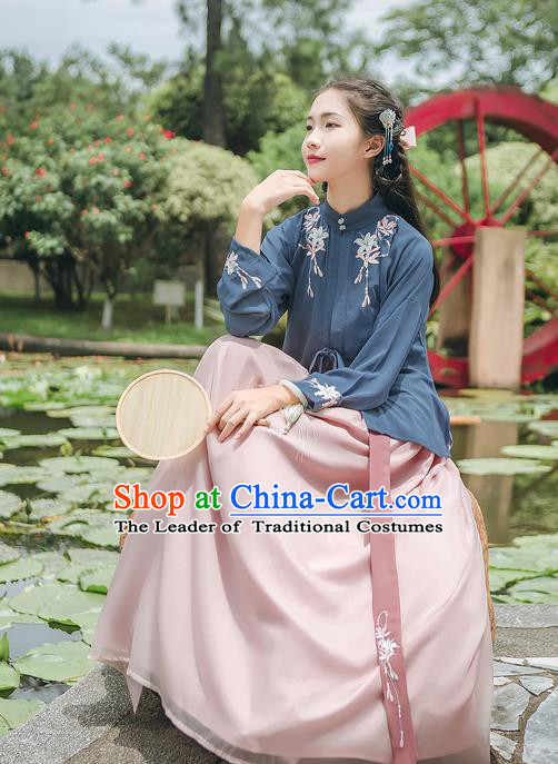 Asian Chinese Ancient Hanfu Palace Lady Costume, Traditional China Ming Dynasty Princess Embroidery Dress Clothing Complete Set