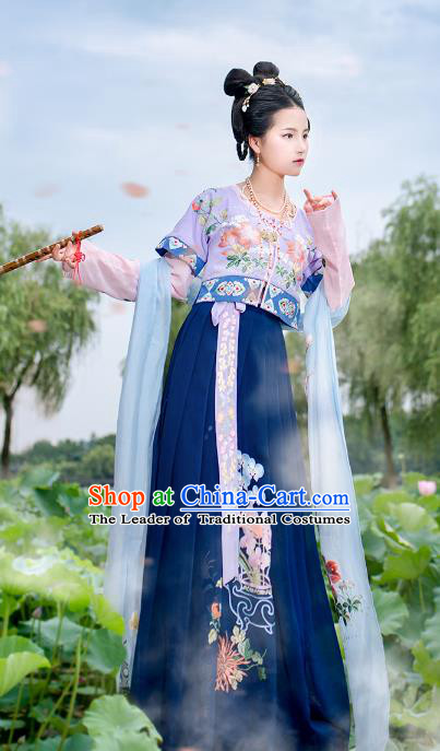 Asian China Ancient Tang Dynasty Costume Purple Half-Sleeves and Slip Skirt Complete Set, Traditional Chinese Princess Embroidered Clothing for Women