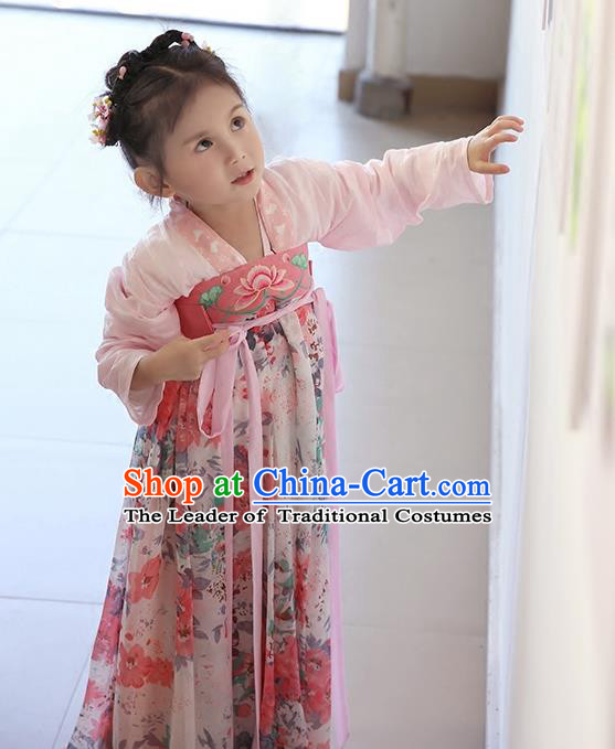Asian China Ancient Tang Dynasty Children Costume Complete Set, Traditional Chinese Princess Dress Clothing for Kids