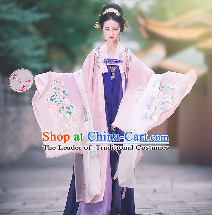 Asian China Ancient Tang Dynasty Palace Lady Costume Light Pink Cloak, Traditional Chinese Princess Embroidered Wide Sleeve Cardigan for Women