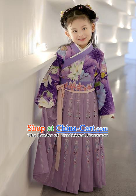 Asian China Ancient Han Dynasty Costume Purple Dress, Traditional Chinese Princess Embroidered Clothing for Kids