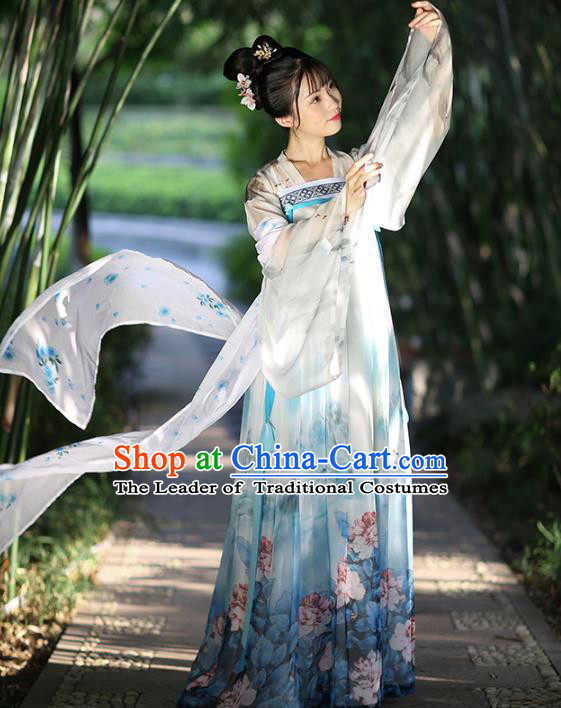 Asian China Ancient Tang Dynasty Palace Lady Costume, Traditional Chinese Princess Printing Clothing for Women