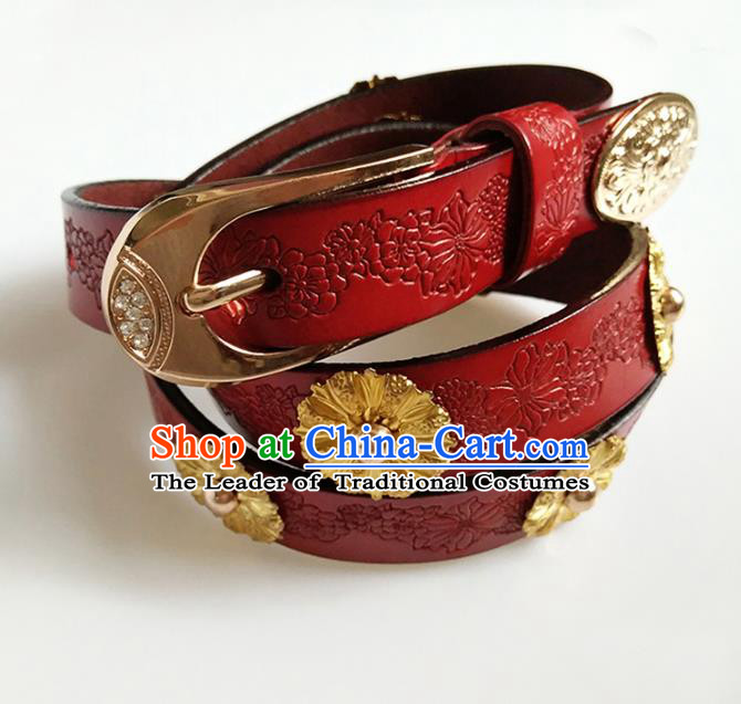 Traditional Handmade Chinese Accessories Tang Dynasty Emperor Belts, China Majesty Red Leather Waistband for Men